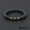 Matte black volcanic stone beaded bracelet with three gold micro-pave crown accents - Lava Stone With Pave Spacers Style (BR2137-J)