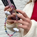 Handgemaakte kleurrijke bloem kralen telefoonkoord met witte wolken aan een zwart touw - Kleurrijke Lantaarn Witte Wolk