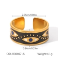 Adjustable golden stainless steel ring with black enamel and blue evil eye pattern - XZ-R30407
