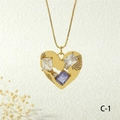 Detail of gold heart pendant necklace featuring zircon inlay and a fine box chain - Gold Purple Style (NE2259-C-1)