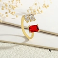 Detail of adjustable gold ring with large red zircon and drop-shaped clear gems - Adjustable Open / Red Main Stone Style(RG0629-A)