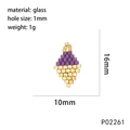 Detail of handmade two-tone purple and gold glass seed bead geometric charm with size specs - Purple Gold Diamond Style (P02261)
