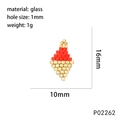 Detail showing red and gold handmade woven bead pendant dimensions 16mm by 10mm - Red Gold Diamond Style (P02262)