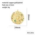 Macro detail of gold plated angel coin pendant with colorful zircon stones and dimensions - Virgo (P01294)