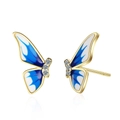 Elegant gold butterfly stud earrings with blue gradient enamel and sparkling zircons - Blue White Gradient Butterfly Style (XJE0028)
