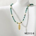 Close-up of emerald beaded necklace with gold dragon pendant and pearls on model neck - Snake Rectangular Plaque Style (NE2512-B)