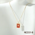 Golden tarot style heart and swords necklace with red enamel and zircon detail - Red (NE2531-B)