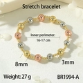 Three-tone 18K gold plated stretch bracelet with gold, silver and rose gold beads - Large Beads Style (BR1994-A)