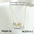 Golden MOM heart pendant necklace with colorful zircons on a white neck display model - Colored Stone MOM Letter Style (NE2593-A-3)