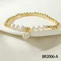 Pulsera minimalista de cuentas doradas con perlas blancas y colgante de esmalte de rombo - Estilo Colgante de Diamante Blanco (BR2006-A)