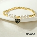 Pulsera minimalista de cuentas doradas con perlas blancas y colgante de esmalte negro - Estilo Colgante de Diamante Negro (BR2006-B)