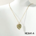 Golden bead chain necklace with a colorful enamel hollow leaf pendant and crystals - Multicolor Cold Tones (NE2641-A)