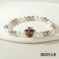 Halloween beaded bracelet with white pearls, silver beads, and a purple witch pumpkin charm - Silver Witch Hat Pumpkin Style (BR2012-B)