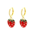 Golden strawberry drop earrings with red enamel and sparkling crystal details - Red Enamel Strawberry Earrings (ER1842-D)