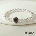 Gothic stretch bead bracelet with white faux pearls and a jeweled black skull pendant - Colorful Floral Black Skull Style (BR2013-C)