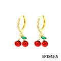 Chic gold hoop earrings featuring vibrant red cherry pendants and green leaves - Rhinestone Cherry Pendant Earrings (ER1842-A)