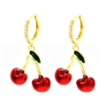 Golden cherry hoop earrings with red fruit pendants and sparkling zircon accents - Glossy Red Cherry Earrings (ER1842-C)