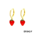 Gold cherry drop earrings with red enamel strawberries and sparkling zircon leaf hooks - 3D Enamel Strawberry Earrings (ER1842-F)