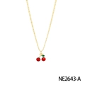 Golden necklace featuring a vibrant red cherry pendant with a green leaf detail - Classic Cherry Pendant Necklace (NE2643-A)
