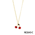 Golden necklace featuring a red cherry pendant with a black leaf on a white background - Large Cherry Double Bead Necklace (NE2643-C)
