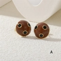 Brown enamel polka dot stud earrings with gold finish and minimalist ladybug design - Stud Earrings / Coffee Polka Dot (ER0812-A)