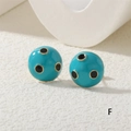 Green enamel dot earrings featuring a semi-sphere design with gold-trimmed black spots - Cyan Polka Dot (ER0812-F)