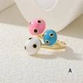 Adjustable golden ring with pink blue and white polka dot mushroom balls design - Tri-color Patchwork Polka Dot (RG0612-A)