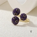 Artistic golden open ring featuring three purple polka dot enamel domes in minimalist style - Purple Polka Dot (RG0612-E)