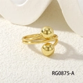 Detailed view of the golden spiral ring with polished metal spheres on a white background - Adjustable Open Design / Spiral Double Ball Style (RG0875-A) / Gold