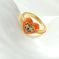 Close-up of heart-shaped evil eye ring with orange enamel and colorful zircons - Adjustable Open / Orange