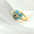 Detailed close-up of heart-shaped evil eye ring with colorful enamel and crystals - Adjustable Open / Light Blue