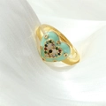 Detail of heart ring featuring colorful evil eye gemstones and mint green enamel - Adjustable Open / Pale Green