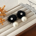 Elegant black plush earrings with sparkling zircon and large white faux pearl drop - Black