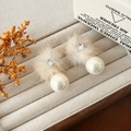 Winter plush earrings with white pearl pendant and sparkling center rhinestone - Brown