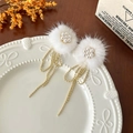 Elegant white faux fur pompom earrings with pearls and golden bead chain tassels - White Plush Tassel