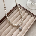 Elegant pearl necklace with square silver pendant in a premium wooden jewelry display box - White Pearl Square Rhinestone Necklace