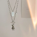 Silver double-layer titanium steel necklace with graffiti bear pendant and OT buckle - Bear Pendant Layered Necklace