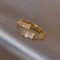 Elegant gold bamboo joint open ring with white crystals and translucent opal gemstone - Gold Cat Eye Stone Bamboo Style / Adjustable Open