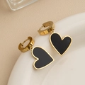 Boucles d'oreilles créoles vintage en acier titane avec pendentifs cœur noirs élégants - Style Cœur 3D en Émail Noir