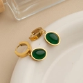 Boucles d'oreilles créoles vintage en acier inoxydable doré avec pierres ovales vertes - Style Pierre Émeraude Ovale