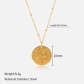 Gold Aries zodiac relief necklace in stainless steel with 20mm round pendant and bead chain - Aries