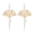 Chinese style folding fan earrings with dragon pattern and pearl tassels in gold - E2536/Gold