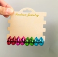 Detail view of waterdrop earrings in four vibrant metallic colors on a display card - Multicolor Four Pair Combination 2