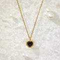 French style 18k gold plated heart pendant necklace with black onyx and ball texture - Gold Black Cat Eye Stone