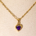 French style gold necklace featuring a heart-shaped purple zircon pendant and beaded edge - Gold Purple Zirconia