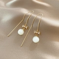 Elegant gold tassel earrings with zircon bows and white cat eye stone beads - Gold Bowknot Cat's Eye Ear Line (A347)