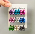 Set of 9 pairs colorful waterdrop earrings in vibrant metallic finishes on a display card - Multicolor Nine Pair Large Set 1