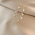 Boucles d'oreilles franges dorées élégantes avec perles œil-de-chat et cristaux brillants - Gland Géométrique Perle Œil de Chat Or (E4275)