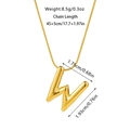 Detailed specs of gold bubble letter W pendant necklace with snake chain and dimensions - Letter W Necklace