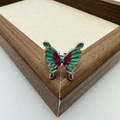 Silver open ring with liquid butterfly design in green and rose red enamel finish - Emerald Green & Rose Red (2#)